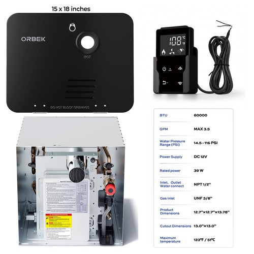 Orbek RV Tankless Water Heater Propane 60,000 BTU w/ 15x18 inch Door + Remote