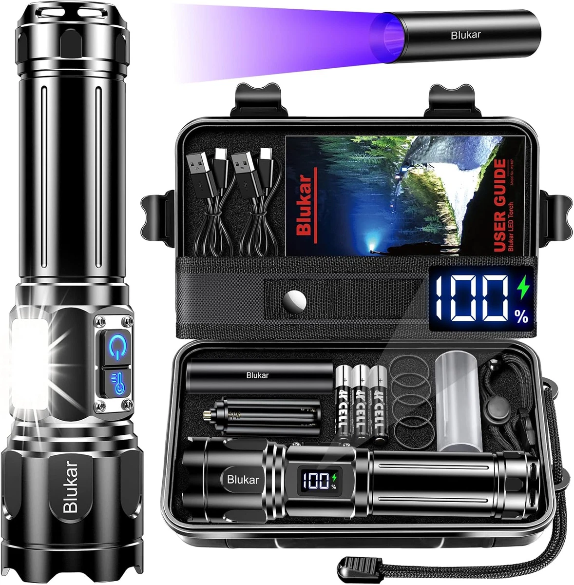 Kit Torcia LED Ricaricabile 1600 Lumen - 5 Modalità, USB, Impermeabile IP65 Con Batteria 18650 - Per Campeggio, Caccia, Emergenza