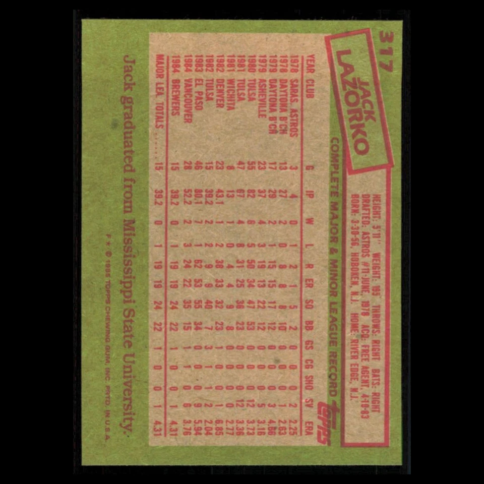Jack Lazorko Rookie #317 1985 Topps Milwaukee Brewers Baseball Card MLB NM - Image 2 of 3