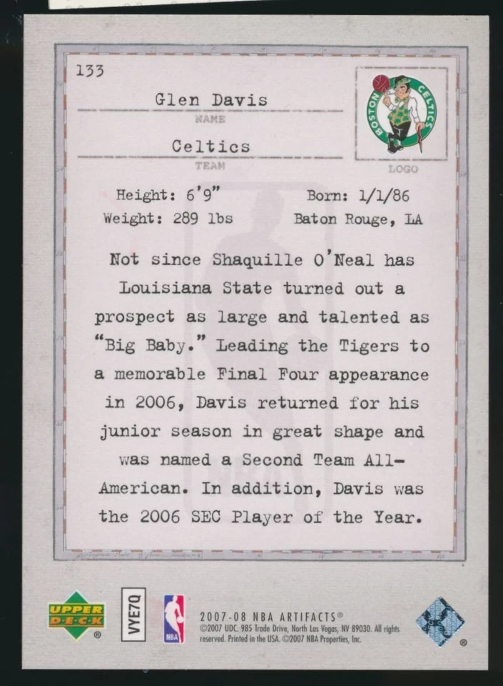 Glen Davis 2007-08 Artifacts Red Rookie Parallel/Insert Card #133 06/50 - Image 2 of 2