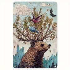 2D Flat, Charming Deer and Bird Aluminum Wall Art, 8x12 Inch Frameless Metal Dec