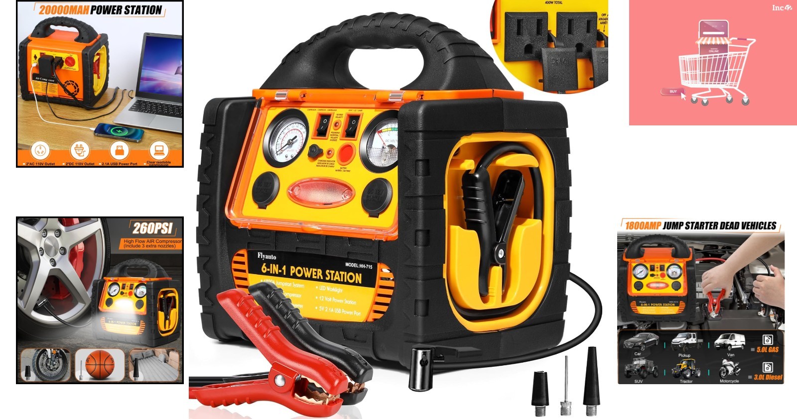 6 in 1 Portable Jump Starter & 260 PSI Air Compressor – Perfect for Emergencies