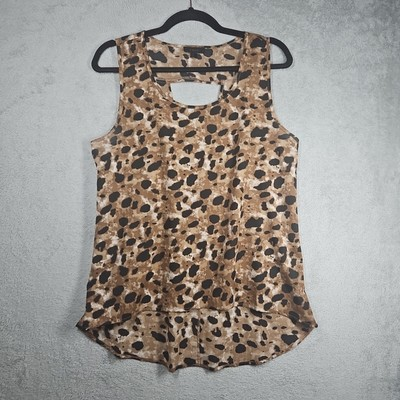 #ad #ad Edge Leopard BlackBrownCream Slvless Hi Lo Hem Blouse Gold Back Buttons Sz L $16.99