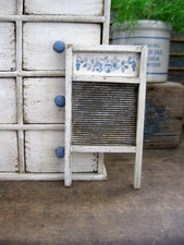 Primitive Antique Wood Tin Toy Washboard Blue and White Paint Inlay
