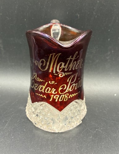 Antique Souvenir Glass Creamer Pitcher Ruby Flash CEDAR POINT Mother 1908