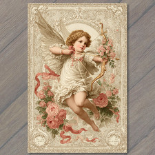 POSTCARD Cupid Angel Bow Roses Ornate Victorian Valentine Illustration