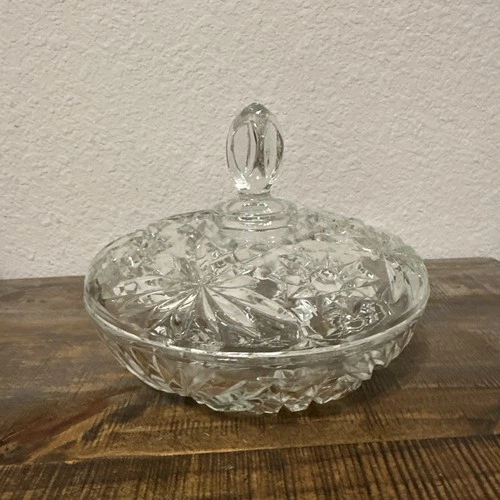 VINTAGE ANCHOR HOCKING PRESSED GLASS STAR OF DAVID CANDY BOWL WITH LID