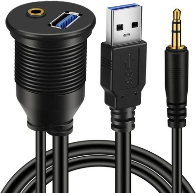 BATIGE USB 3.0 & 3.5mm Car Mount Flush Cable, 3ft Black 