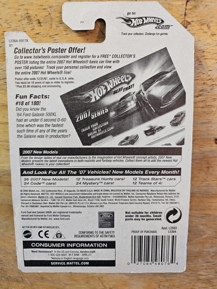 Hot Wheels 1964 Ford Galaxie 500XL, Blue; 2007 New Models Series 18/36 - Image 4 of 4