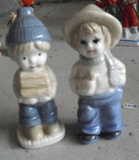 Lot of 2 Vintage Porcelain Boy with Wood and Girl with Duck Figurines 3 3/4" 