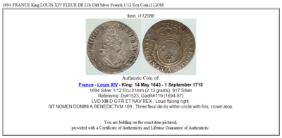 1694 FRANCE King LOUIS XIV FLEUR DE LIS Old Silver French 1/12 Ecu