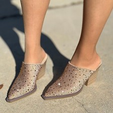 New Women's Rhinestone Embellished Mules Clogs Pointed Toe Chunky Block Heel