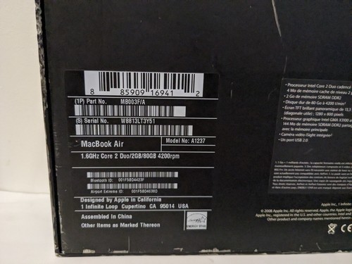 macbook air A1237 2008 fonctionnel 1,6ghz core 2 duo 2go 667 mhz 2008 sans batt - Photo 7/10