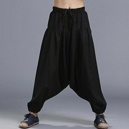 Men Linen Harem Trousers Baggy Chinese Drop Crotch Pants Loose Casual Black New - Picture 2 of 15