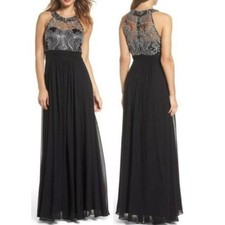 Evening Lace Dress Eliza J Sm 4 Black Silver Formal Gown Embroidered Illusion **