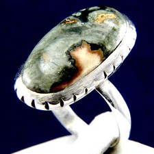 925 Sterling Silver Overlay Handmade Moss Agate Cut Fabulous Women's Ring Size 7