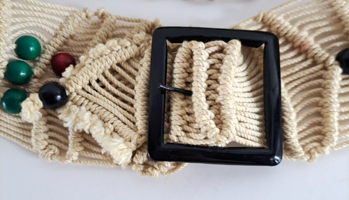 Womens Macrame Belt Woven Tan W Beads Handmade Hippie Boho  display picture 3