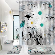 4 PCS Bathroom Shower Curtain Set with Rug Chrysanthemum Sets with Premium Showe