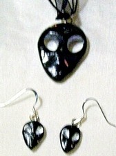 ALIEN NECKLACE EARRINGS SET Black Polymer Clay ooak Grey head UFO new PENDANT