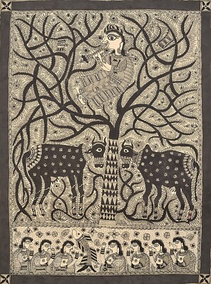 Die verführerische Musik von Lord Krishna Madhubani Malerei auf handgefertigt...