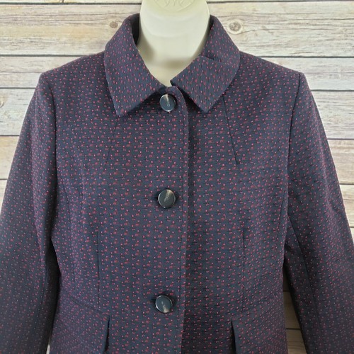 Chaqueta Blazer Ann Taylor 8 Azul Marino Rojo Botón Cuello Delantero Ajustado Cinturón Trasero - Imagen 3 de 8