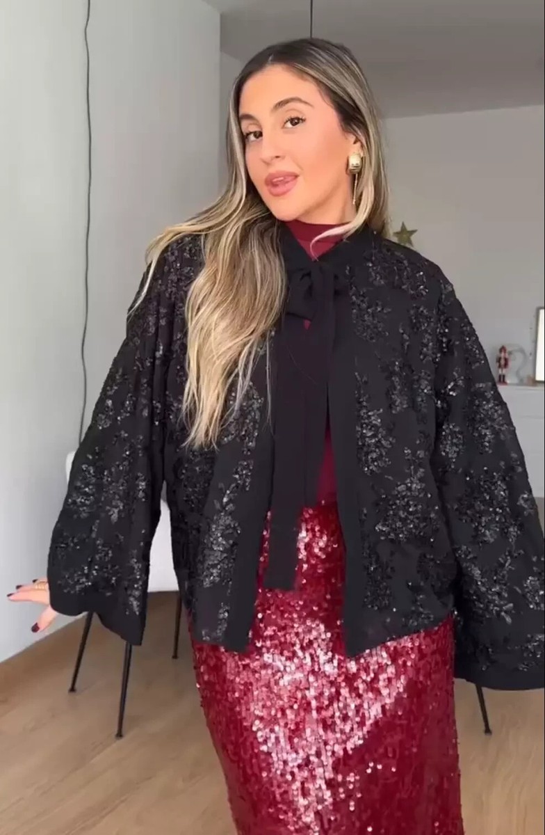 ジャケット・アウター ZARA ZARA NEW BLACK SEQUIN JACKET WITH TIE SIZE S REF. 2488/119