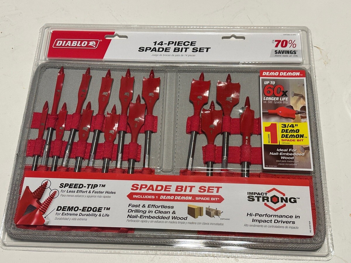 New Diablo Spade Bit Set 14 Pcs Drill Wood Burs Flat Steel Boring Speed Tip  Bag