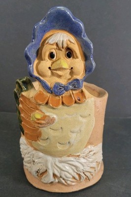 VTG 70s Max Hindt Pottery Hen in Bonnet Utensil Holder Farmhouse Folk Art SIGNED