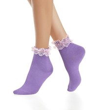 Womens Cute Ankle Socks Lace Ruffle Anklet Sock with Purple-pink Lace Ruffle