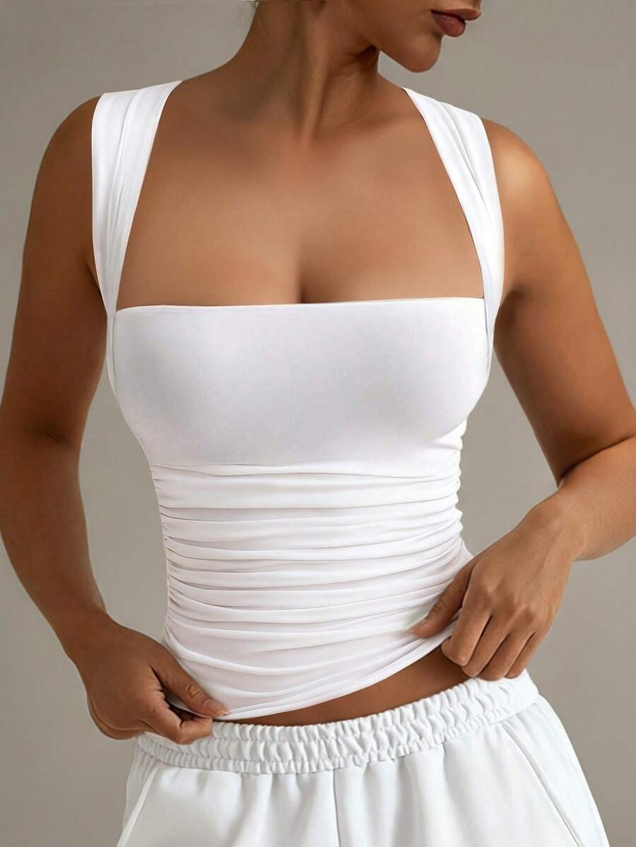 Queen Anne Neck Tank Top Slim Fit Knitted Casual Vacation Women Camisole