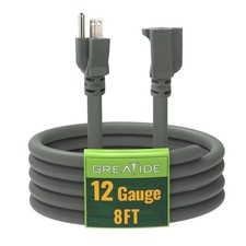 8 Ft Outdoor Extension Cord - 12/3 SJTW Heavy Duty Grey Extension Cable with 3 P