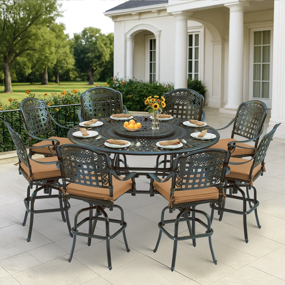 Juego de comedor de barra giratoria para patio de 10 piezas taburetes y mesa de bar de aluminio fundido con Lazy Susan Foto 4 de 4