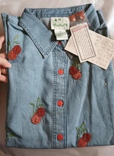 NOS Quacker Factory BEADED CHERRIES Fruit Blue Denim Shirt A37096 QVC 1X Bust52"