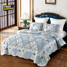 Oversized King Size Blue Floral Plaid Patchwork Quilt Set 128X120 Extra Wide