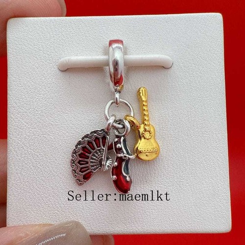 New 925 Silver Spanish Flamenco Guitar, Shoe & Fan Dangle Charm 760765c01