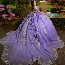 Glitter Lilac Quinceanera Dress Ball Gown Silver Lace Applique Bow Sweet 16