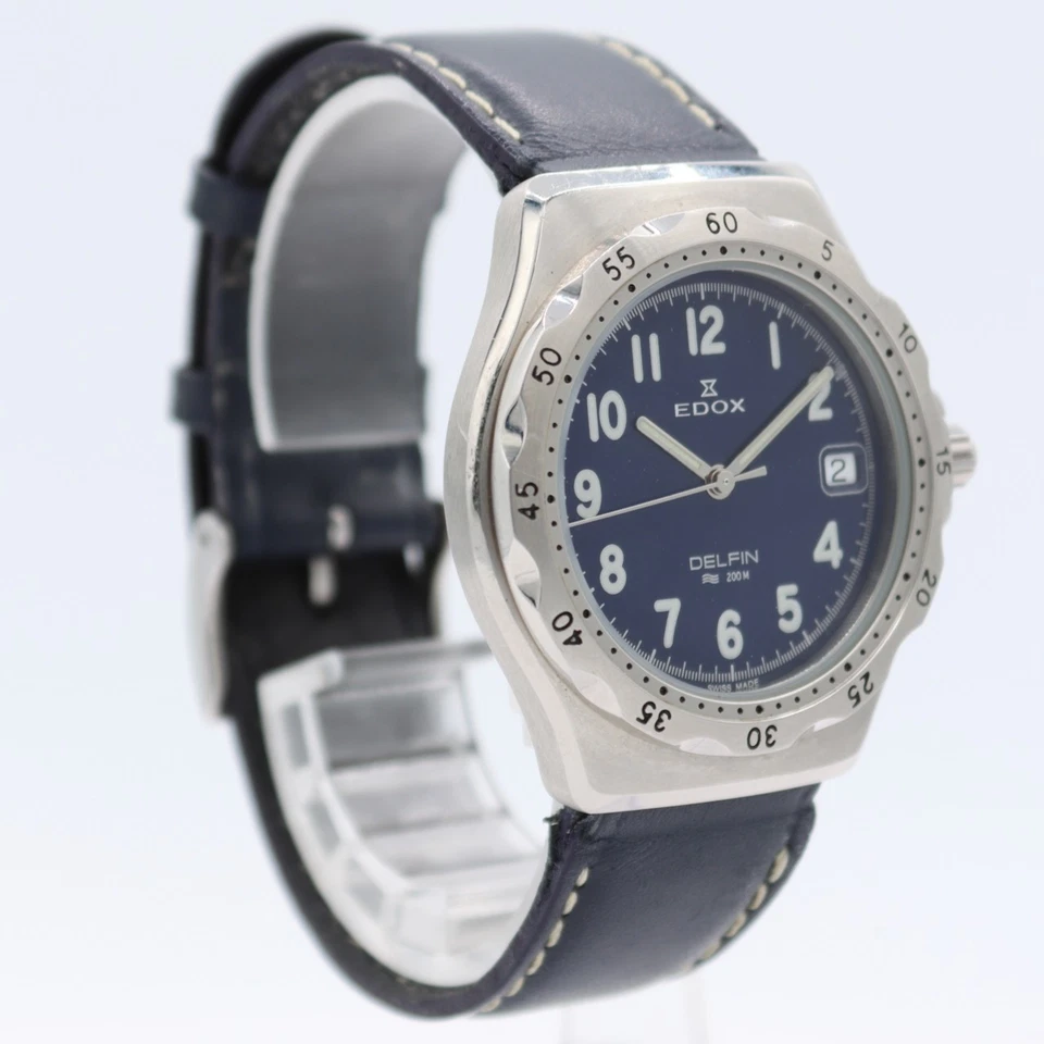Reloj pulsera de cuarzo 37 mm Edox 70080 Delfin 200M fecha para hombre acero suizo esfera azul Foto 3 de 4
