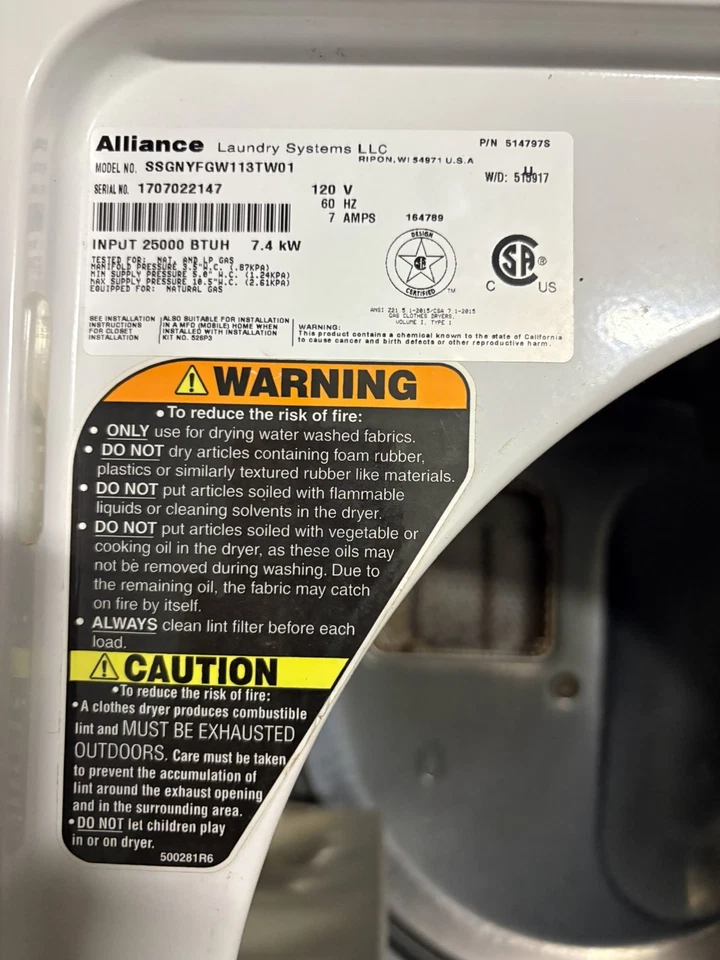 2017 Speed Queen Stack White Coin Op Gas Dryer 1 PHASE Huebsch Laundromat - Image 3 of 3