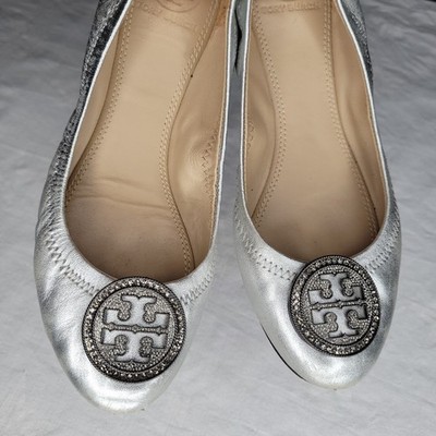 Tory Burch Liana Rhinestone Logo Silver Metallic Leather Ballet