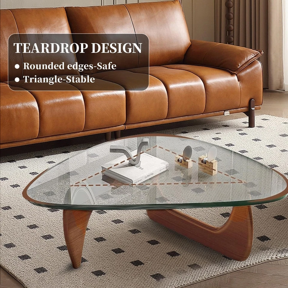 Noguchi Triangle Glass Coffee Table with Solid Wood Base Vintage Clear Glass Top - Image 3 of 4