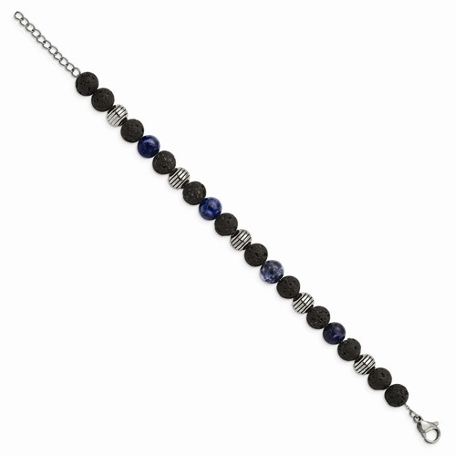 Stainless Steel Antiqued & Polished Lava Stone/Sodalite w/1in ext Bracelet - Picture 2 of 3