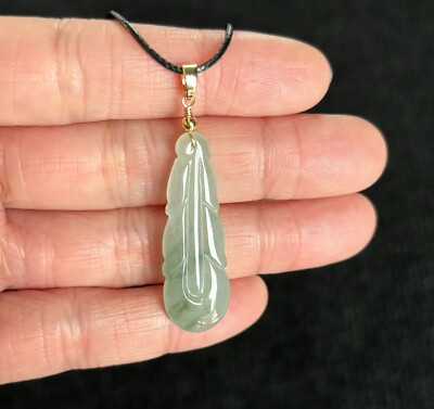 Icy Floating Green Feather Jadeite Jade Pendant, 100% Untreated Certified
