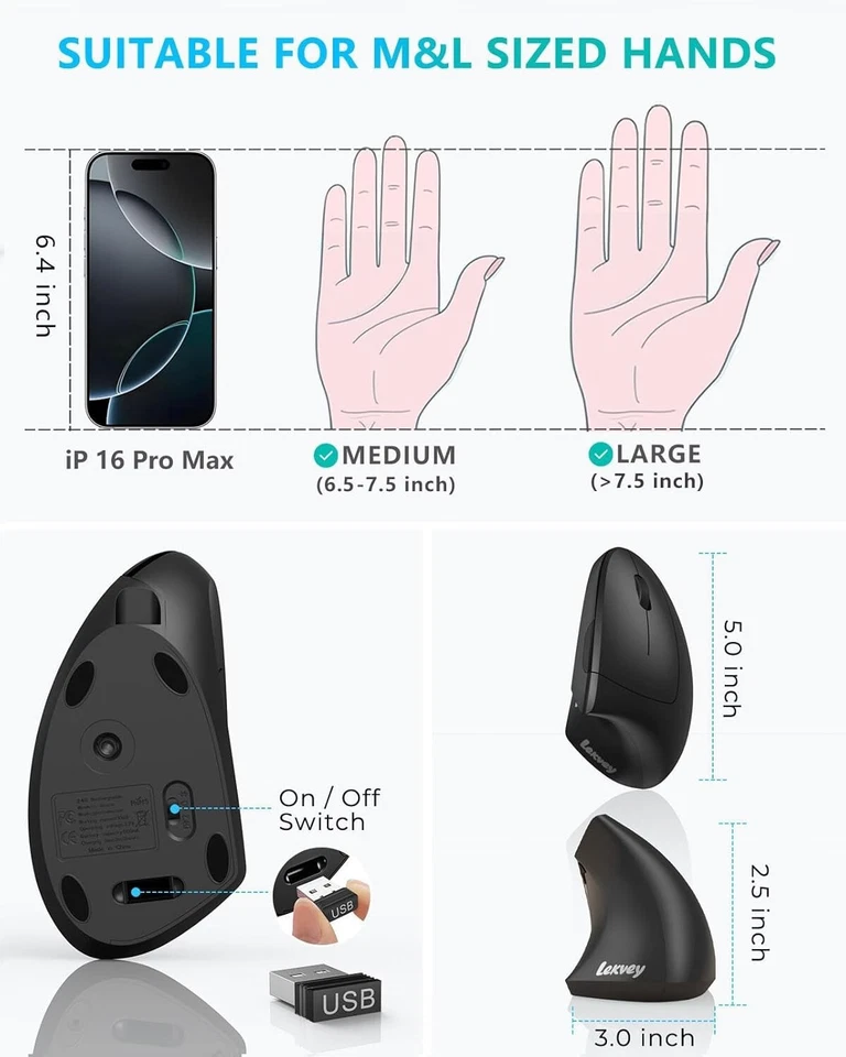 Lekvey Ergonomic Mouse, Vertical Wireless Mouse - Rechargeable 2.4GHz - Image 3 of 4