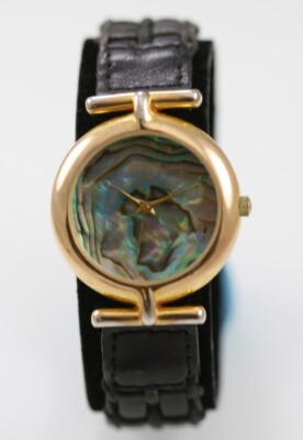 Brieux et fils Men Watch Stainless Gold Steel Black Leather Batt Abalone Quartz