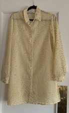 Vintage Scarlett Mini Shirt Dress 11/12 Button Up Cream Gold Leaves Retro Sheer