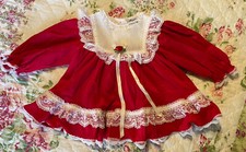 VTG Bryan Christmas Red Faux Velvet Baby Girl Dress Lace Bows 6-9 Months Holiday