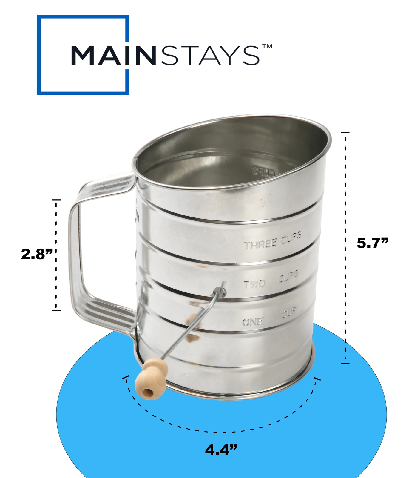 Stainless Steel 3 Cup Flour Hand-Crank Sifter with Beechwood Handle Silver