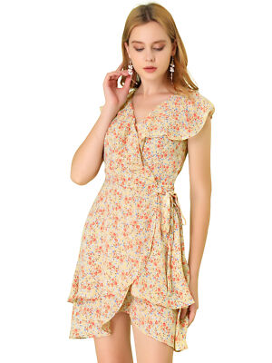 Allegra K Women's Ruffle Front V Neck Tulip Hem Wrap Floral Dress