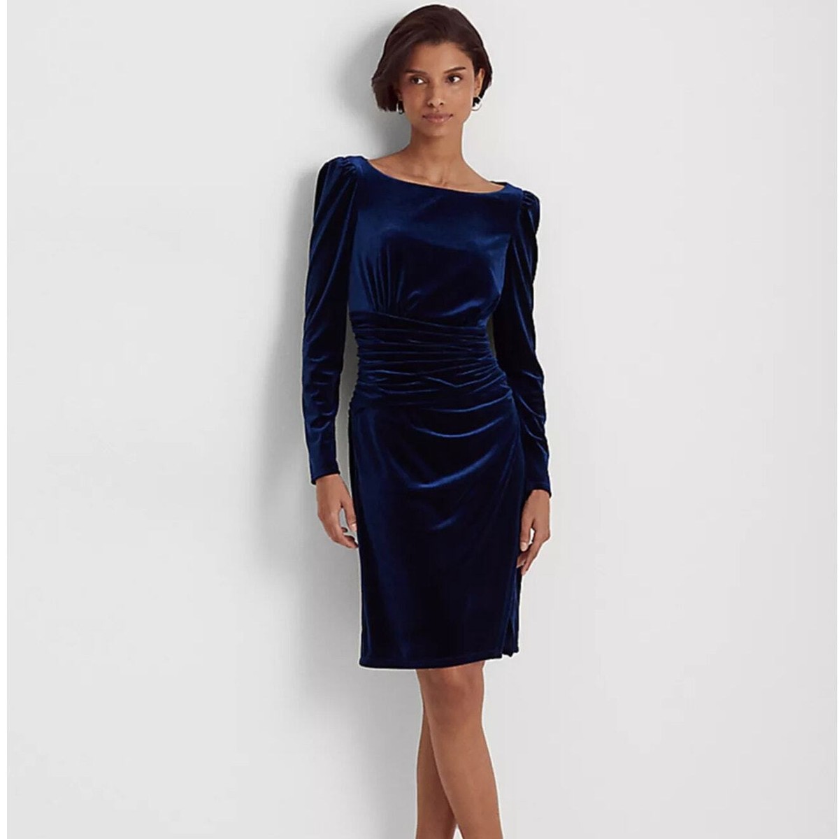 LAUREN RALPH LAUREN Ruched Velvet Puff Sleeve Dress Navy