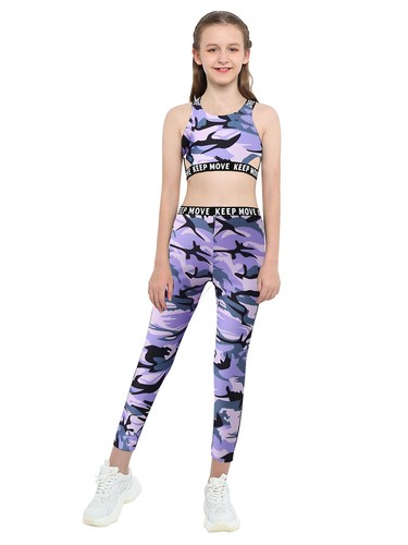 2Pcs Kids Girls Sport Suit Shoulder Straps Sleeveless Tank Top High Waist Pants - Picture 36 of 38